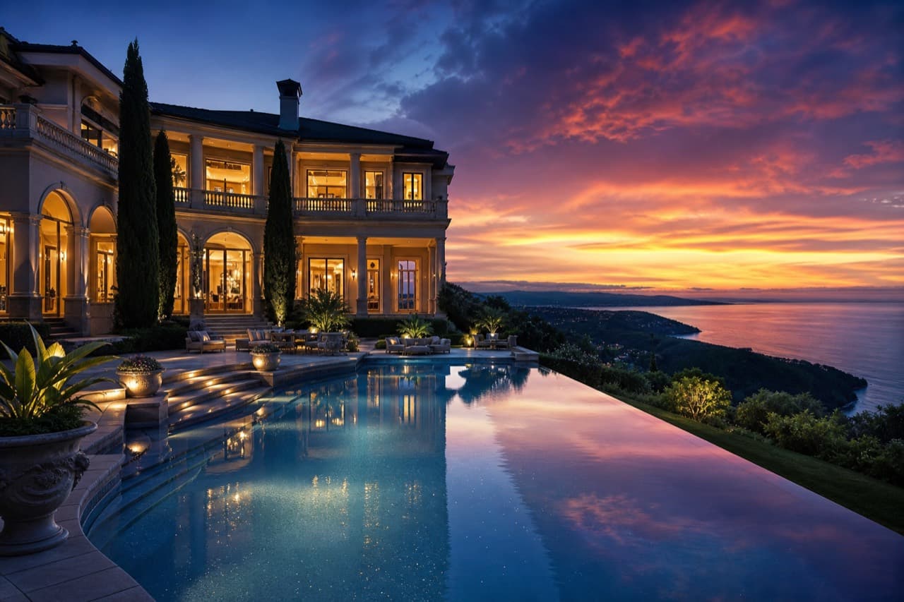 Cinematic luxury property video of a prime home at twilight