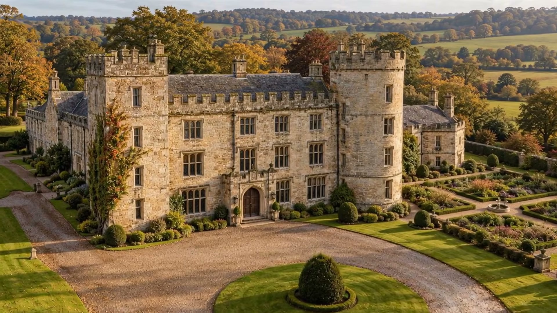 Stone British castle with towers and formal gardens from the ImageMotion video