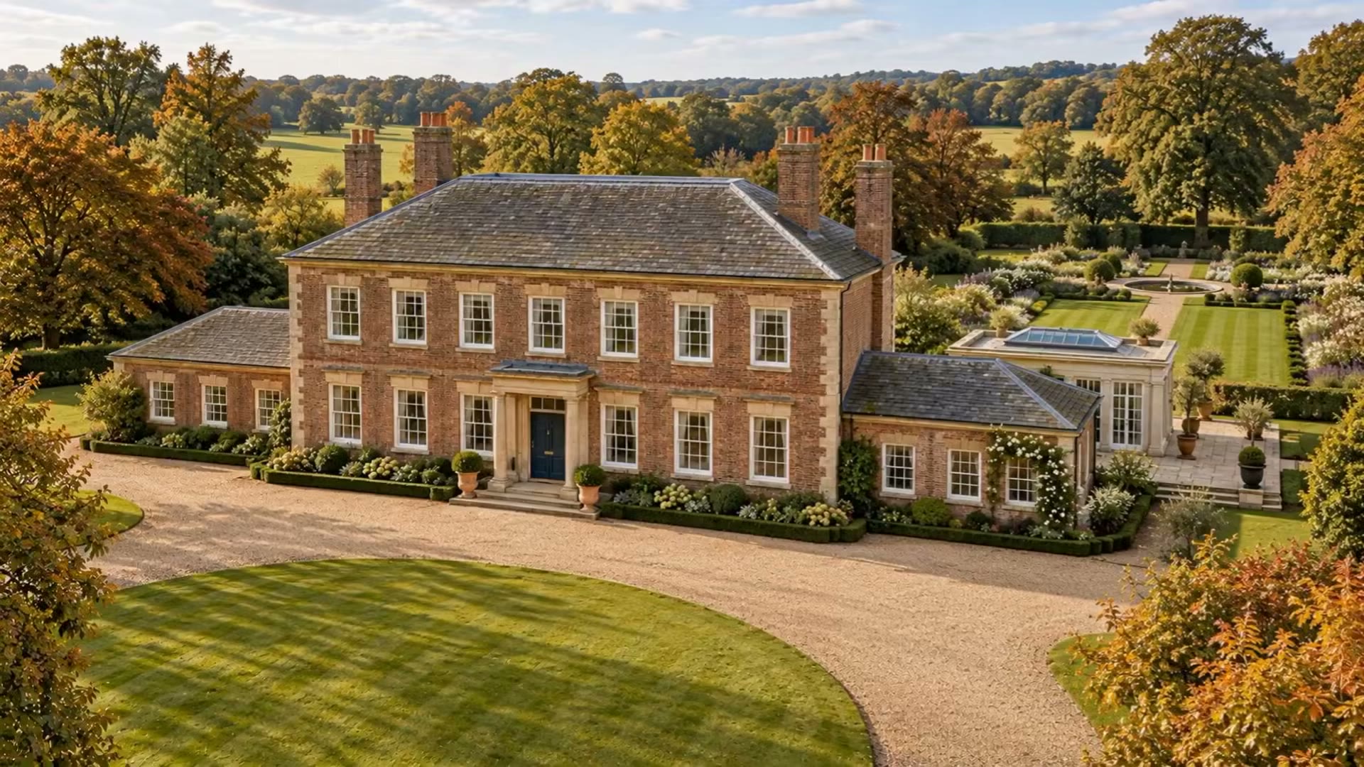 Brick English manor house and formal gardens from the ImageMotion video