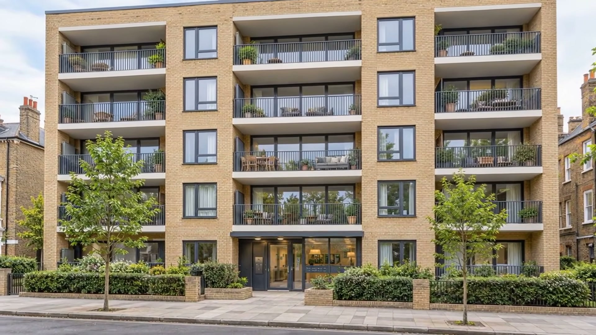 Yellow-brick London apartment block with balconies and a glass entrance from the ImageMotion video