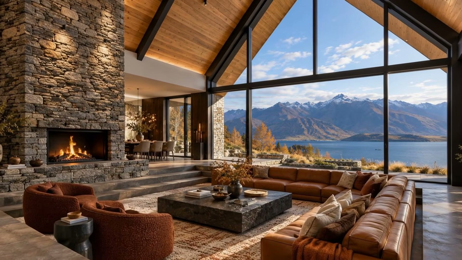 Living room overlooking a lake and mountains from the Queenstown ImageMotion video