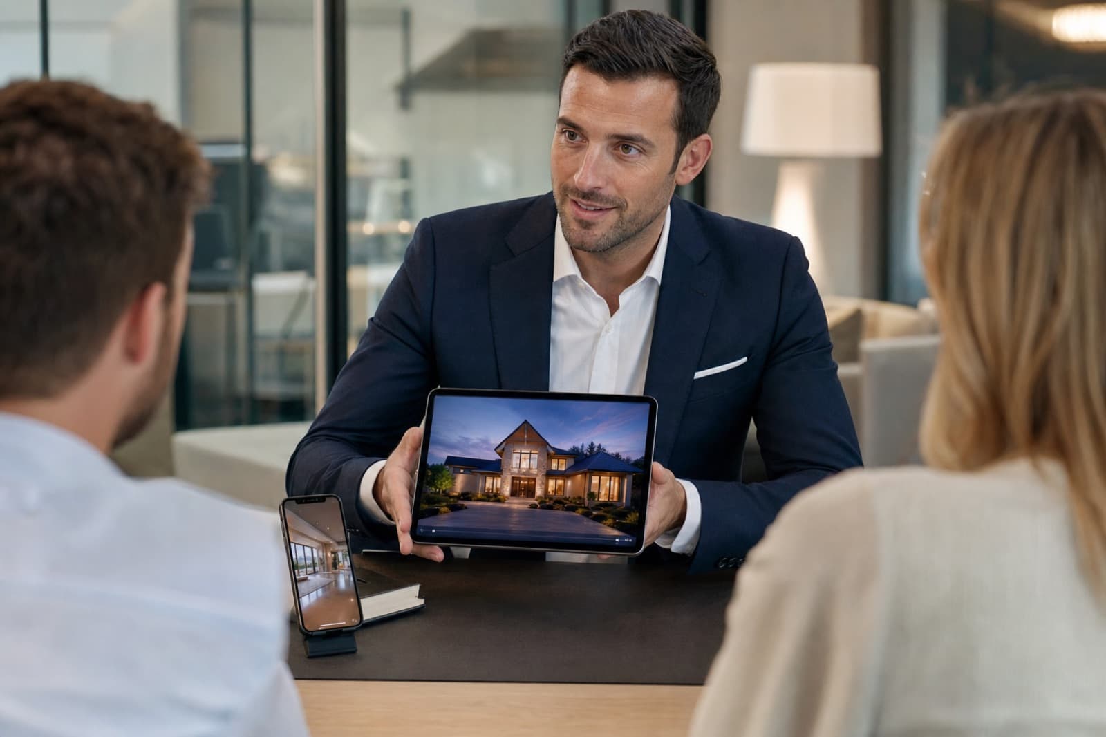 Estate agent presenting AI-generated property marketing videos to clients on a tablet and mobile phone
