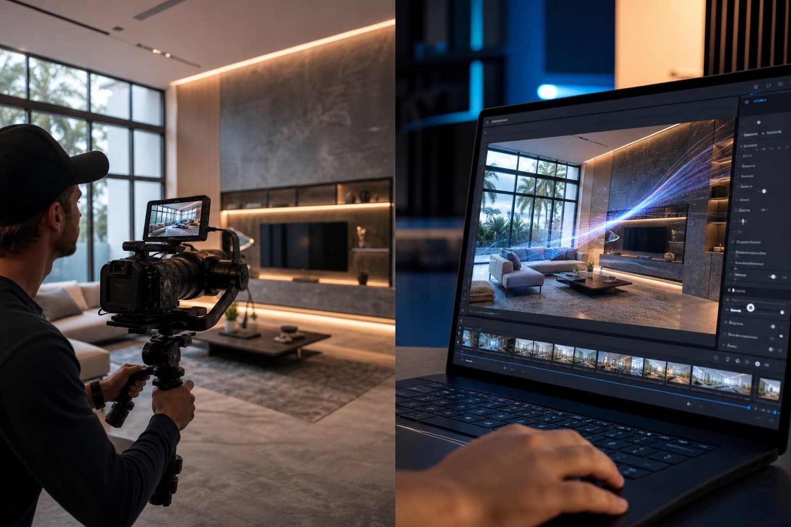 Split view of a videographer filming a luxury home on one side and AI software generating cinematic motion from a still property photograph on the other