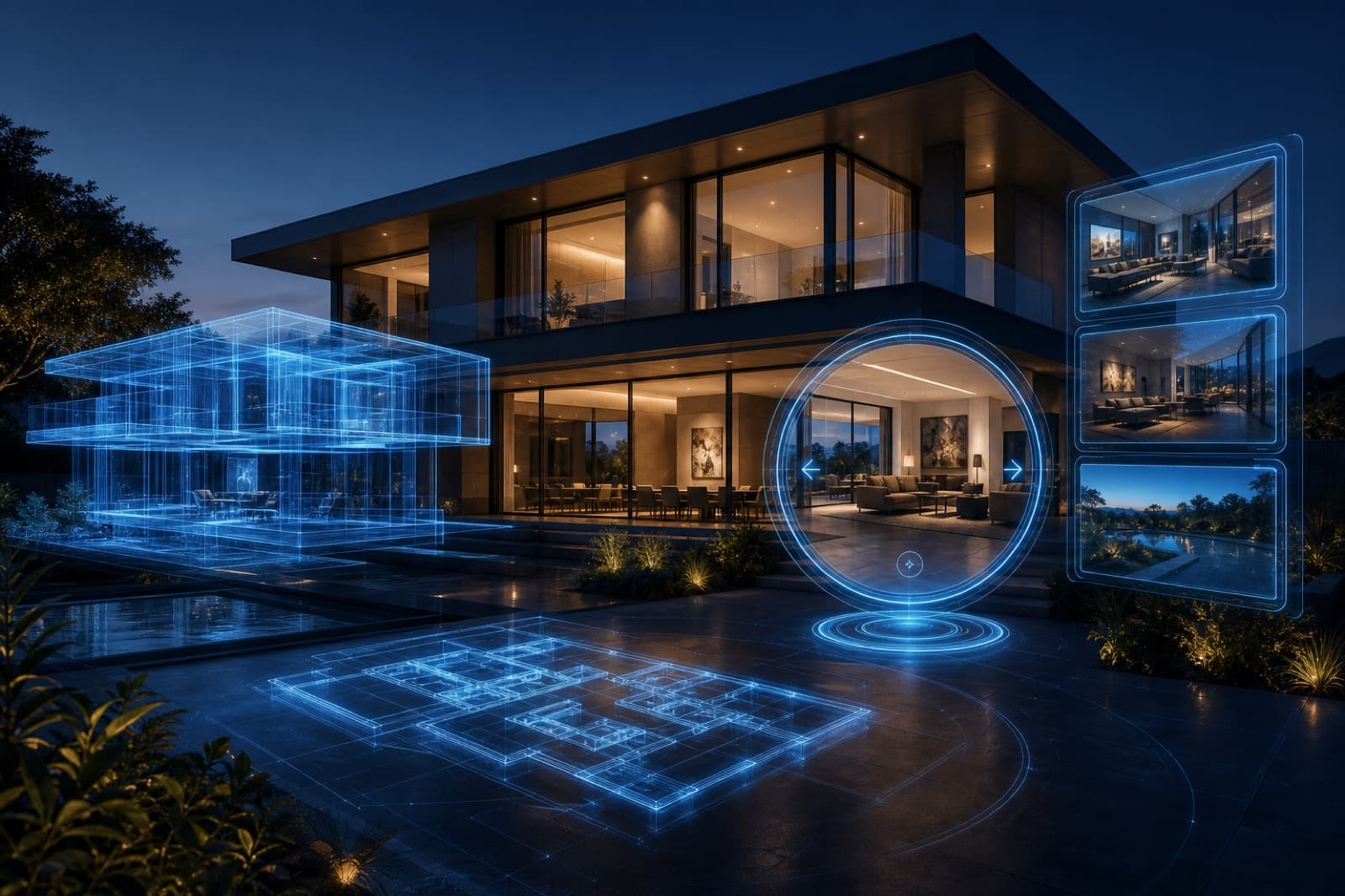 Futuristic luxury property surrounded by holographic virtual tour interfaces, AI video panels, digital twin models and floor plans