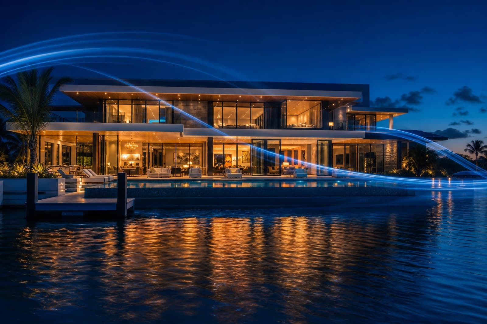 Ultra-modern waterfront mansion at dusk with subtle cinematic motion, floor-to-ceiling glass and reflections on the water