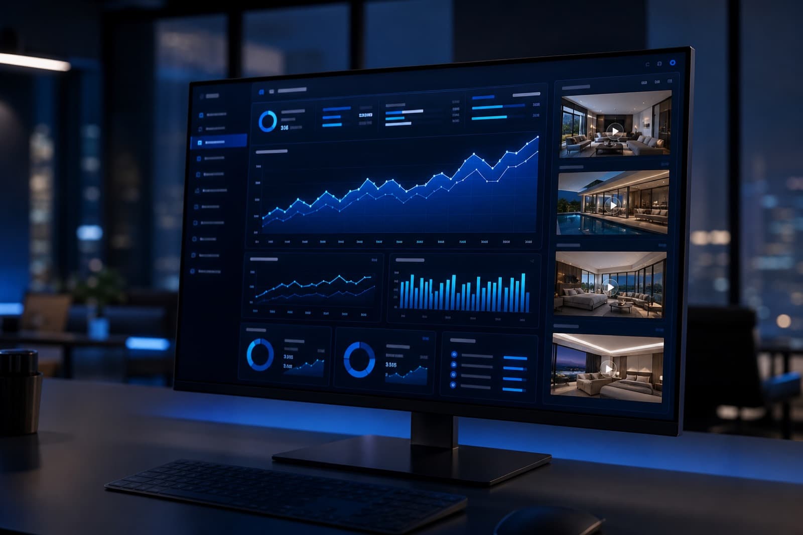 Modern analytics dashboard displaying property marketing performance charts and AI video engagement metrics