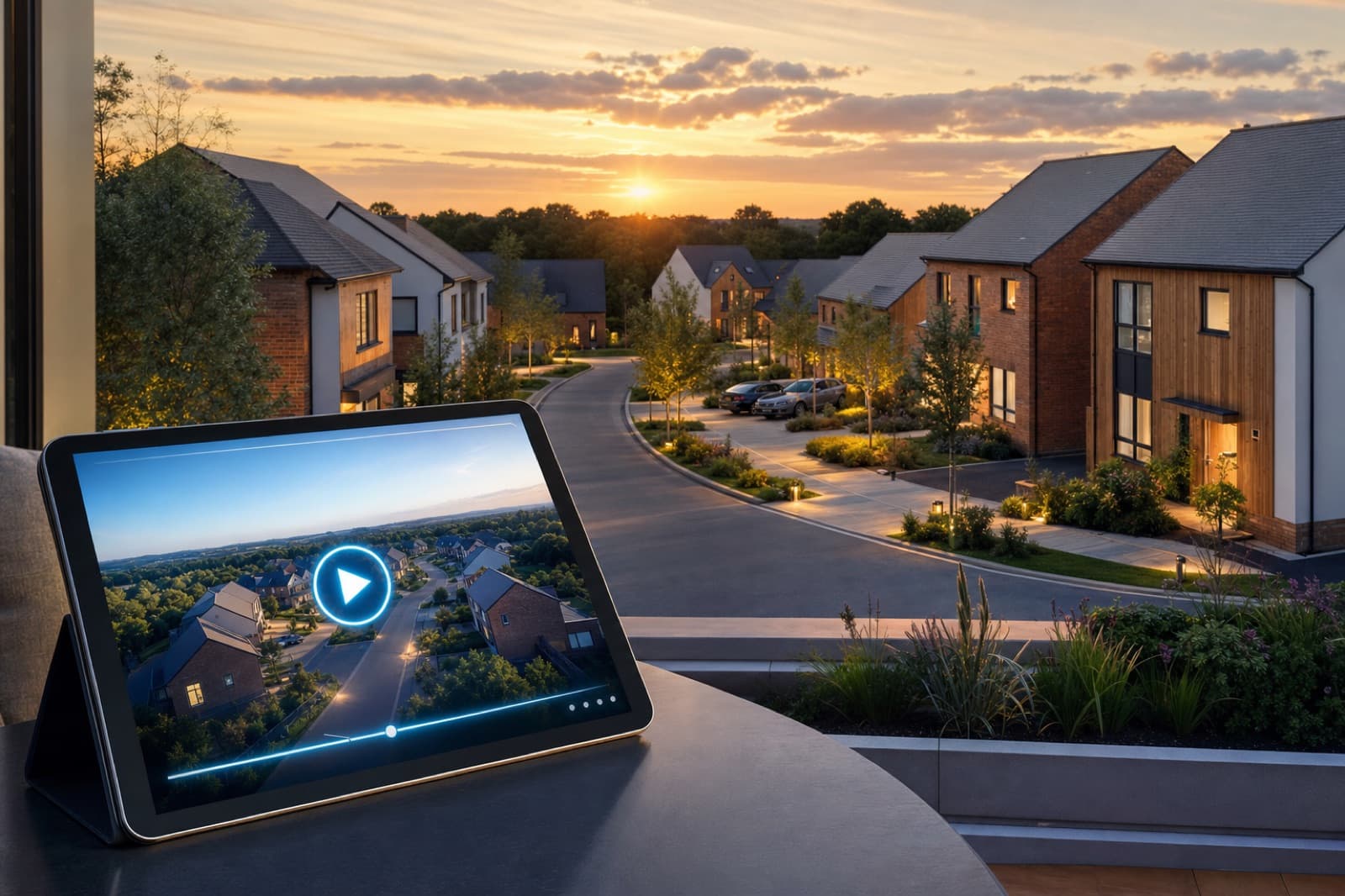 Modern new-build housing development shown alongside AI-generated promotional video content on a screen