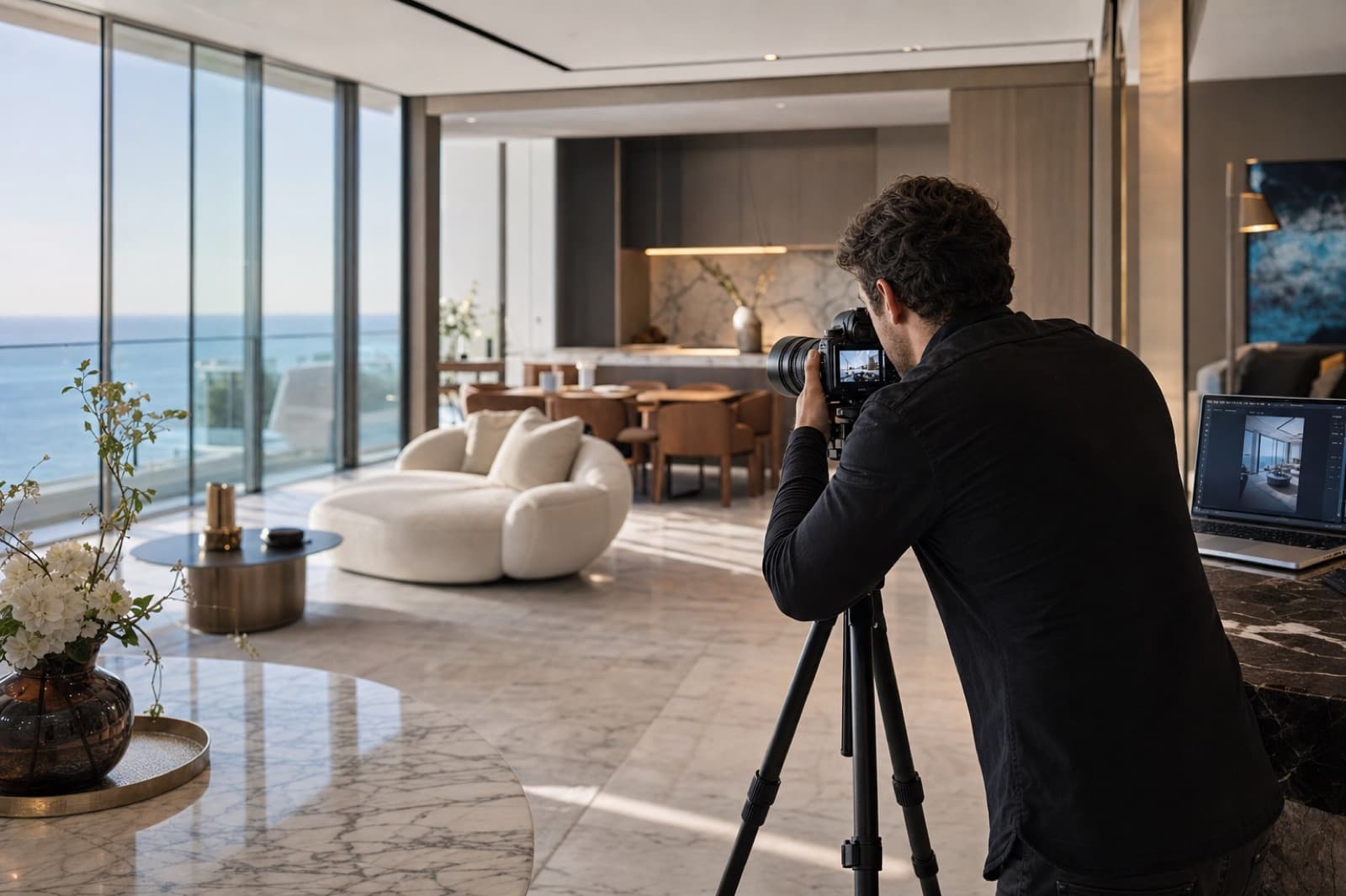 Professional photographer capturing a luxury property interior with camera on tripod, ready for AI animation