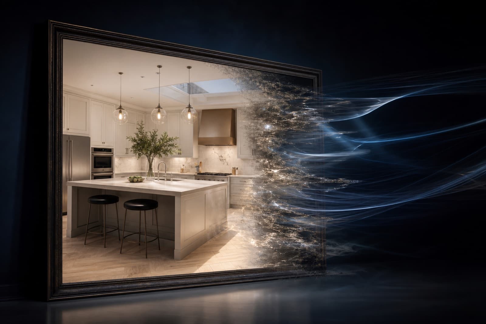 A static property photograph transforming into smooth cinematic video motion on a computer screen