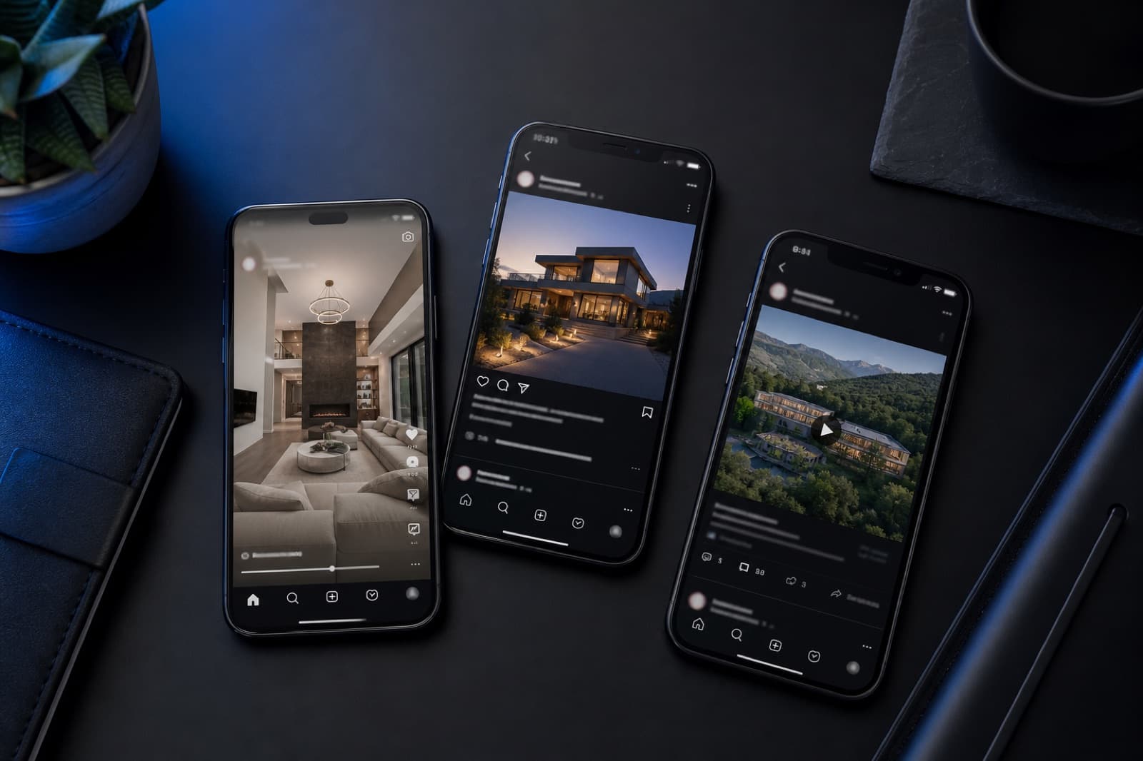 Luxury property videos displayed across Instagram, Facebook and LinkedIn feeds on mobile devices