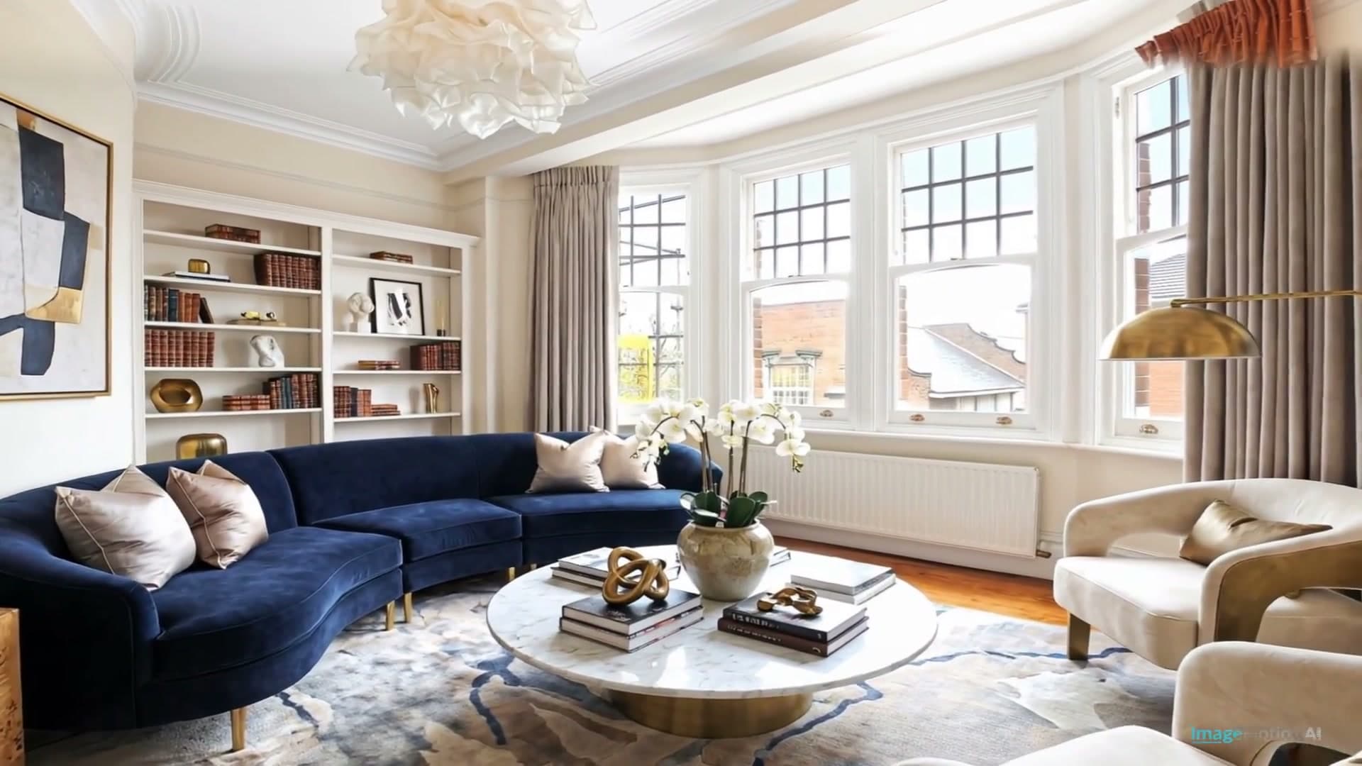 Luxury living room with a navy sofa from the ImageMotion promo